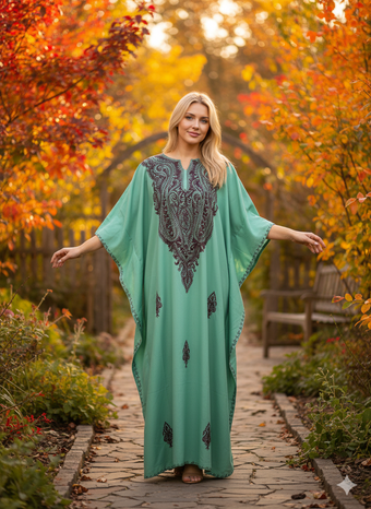 Women’s Embroidered Mint Green Kaftan Maxi Dress – Boho Muumuu & Beach Coverup  L-2X
